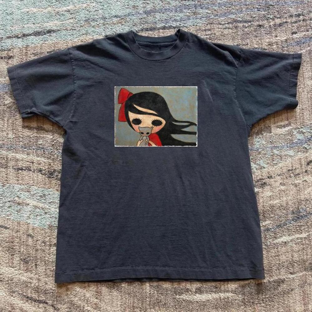Black Graphic Tee With Cartoon Girl With Black Hair And Red Bow
